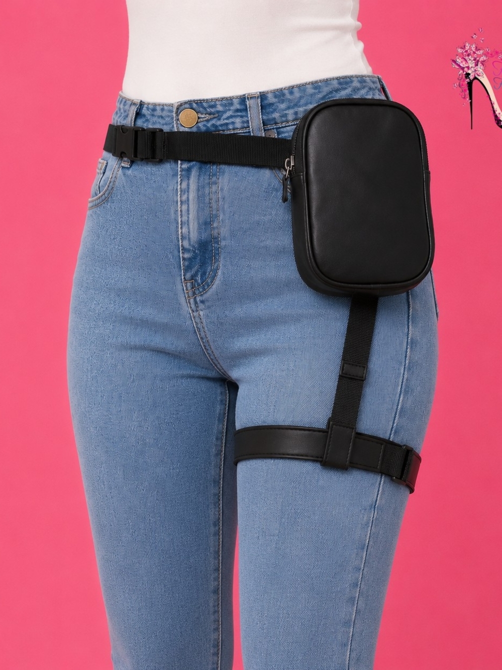 Black Faux Leather Leg Bag - Sleek Hands-Free Hip Pack